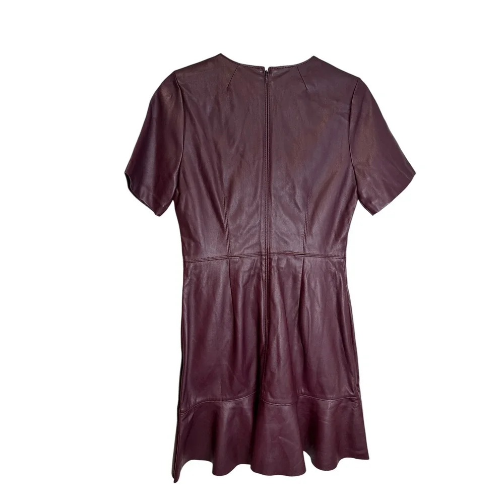 NWT Ann Taylor Petite Faux Leather Flounce Hem Dress Burgundy Wine 6 Work Office